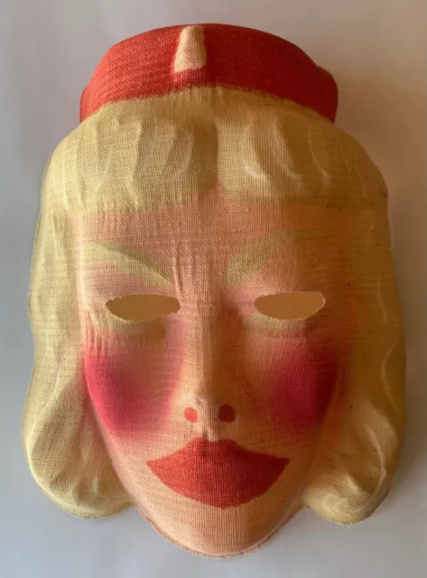 Vintage & Unused 1940s Gauze Blonde Woman w/ Red Hat Halloween Costume Mask