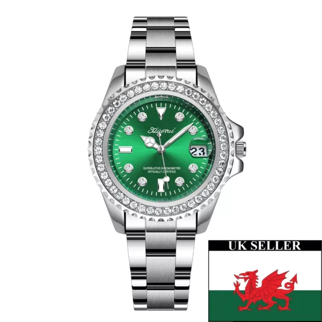 Ladies Green Face “Mercedes” Hands Magnified Date Stainless Steel Bracelet Watch