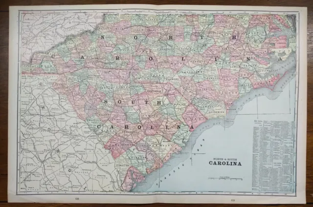 Vintage 1900 NORTH & SOUTH CAROLINA Map 22"x14" Old Antique Original COLUMBIA SC