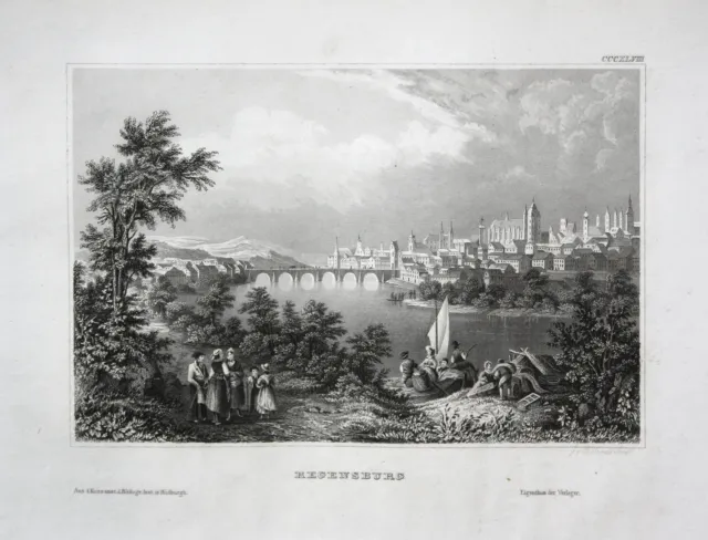 Regensburg Baviera Germania Vista View Incisione Acciaio Engraving 1850