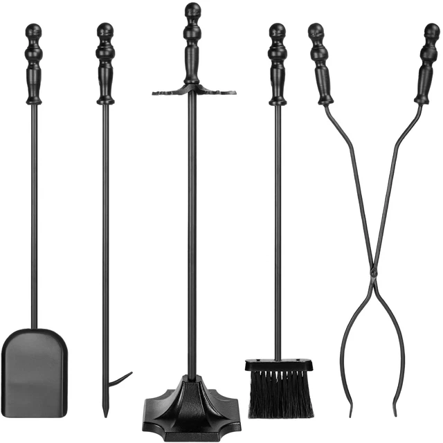 5-Piece Fireplace and Firepit Iron Tool Set w/ Tongs, Poker, Broom, Shovel
