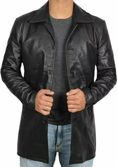 Men's Black Genuine Lambskin Pure Leather Classic ¾ Overcoat Stylish Winter Coat