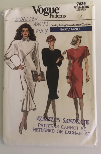 Vogue 7039 Vintage 80s Sewing Pattern Stretch Knit Dress Size: 14
