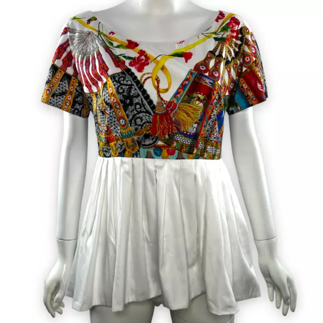 DOLCE & GABBANA Majolica Fan Print Cotton Pleated White Top IT 40 S