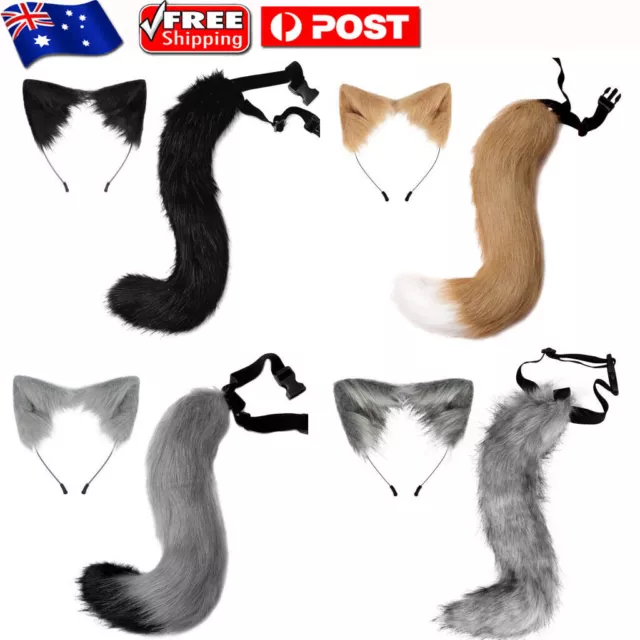 Faux Fur Fox Wolf Ears Headband Furry Long Tail Anime Halloween Cosplay Costume