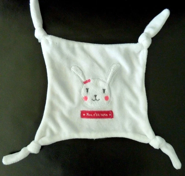 *. Doudou plat carré GEMO LAPIN   BLANC ROSE Mon p'tit lapin EXCELLENT ETAT