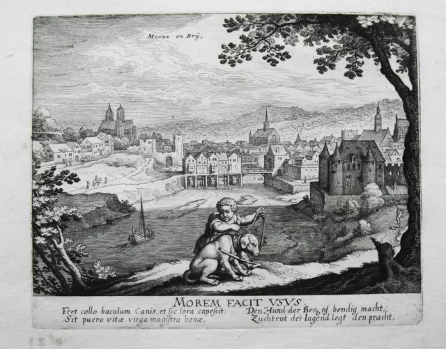 Meaux en Bry Knabe mit Hund  echter Kupferstich Merian Jugendwerk 1624 W. 454