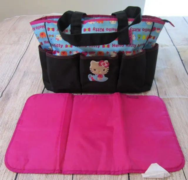Hello Kitty  Sanrio Black Blue Pink Diaper Tote Bag 15x12x6 With Changing Mat