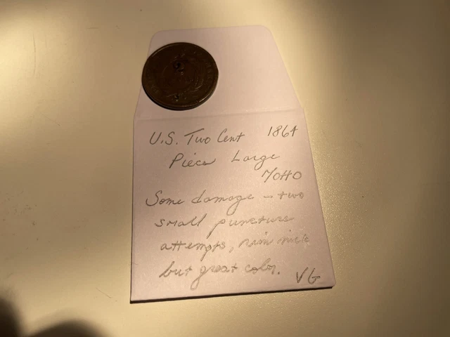 1864 United States 2 Cent Piece - Very Good Large Motto KM#94 Some damage $0.99