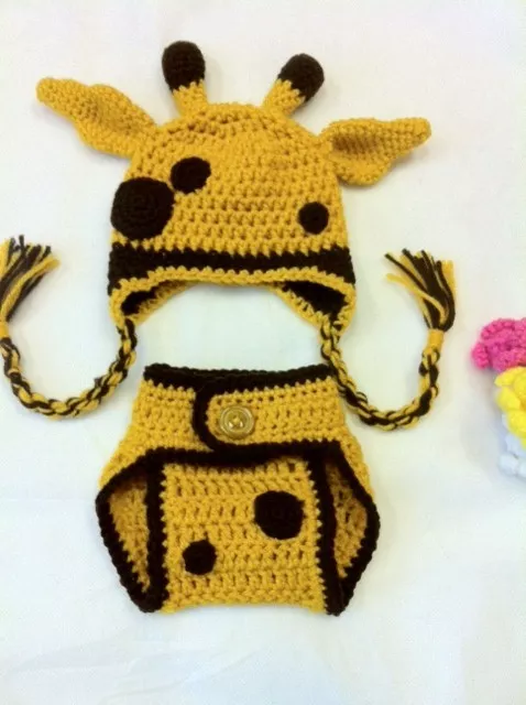 Hand Crochet  Baby Giraffe Photo prop Diaper Cover and Hat - NEW