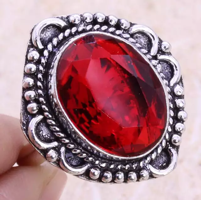 Garnet Art Piece 925 Silver Plated Ring of US Size 7.75 Ethnic