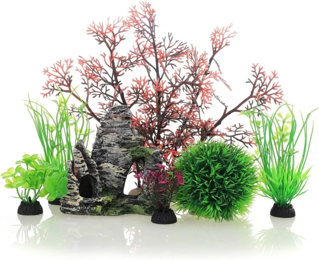 JIH Aquarium Fish Tank Plastic Plants and Cave Rock Decorations - 7 Pieces