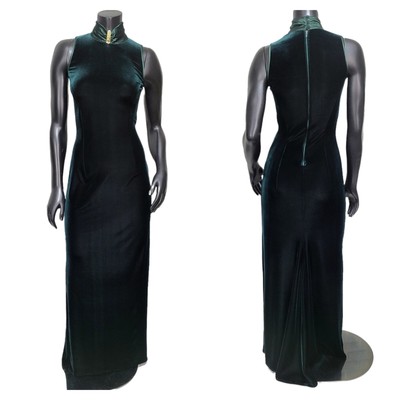 Vintage Gunne Sax Jessica McClintock Dark Green Velvet Mock Neck Bodycon Dress