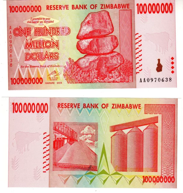 Zimbabwe Billet 100 MILLION 100000000 DOLLARS 2008 P80 NEUF UNC