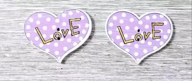 heart love wood Sewing buttons 2 Holes 1 inch 2 pc set purple white dot