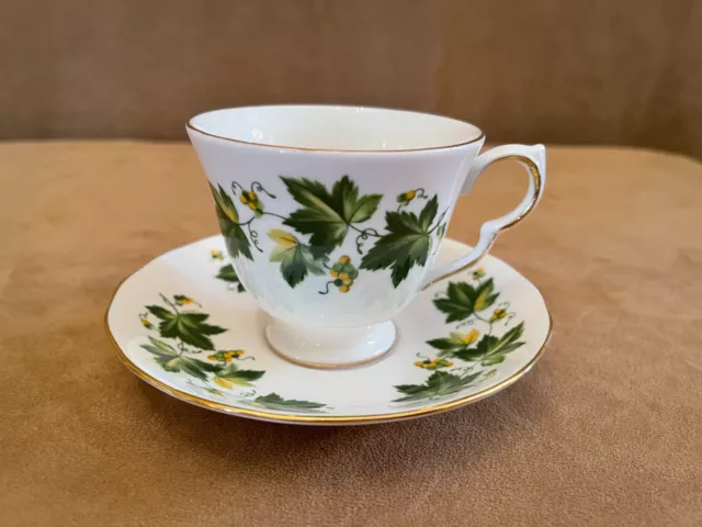 Queen Anne Tea Cup & Saucer England Bone China Green Grape Vines and Leaves 8640 3