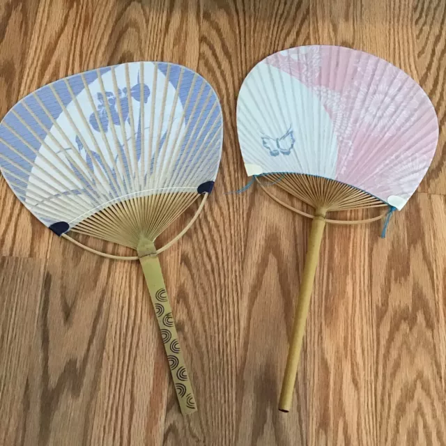 Pink Blue White Paper Bamboo Hand Fan Japanese Uchiwa Lot Of 2