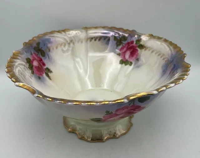 Antique Silesien Germany Pink Roses Bowl 10" Scalloped Shell Edges Glossy Finish