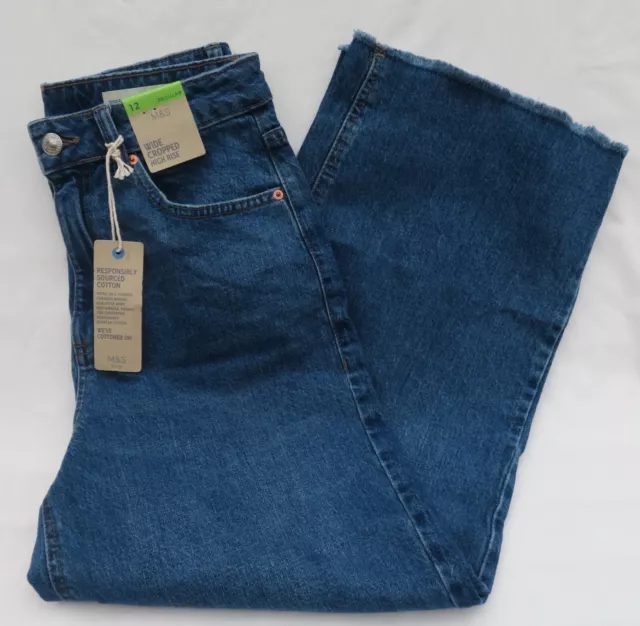 Ladies Marks & Spencer Medium Indigo Wide Cropped High Rise Denim Jeans Size 12