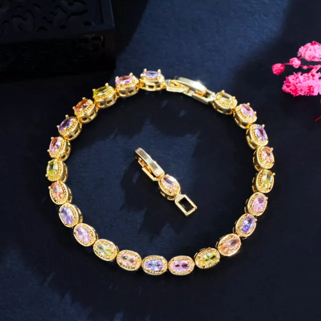 Multicolor Rainbow CZ Oval Tennis Chain Bracelets for Women Gold Fashion Jewelry