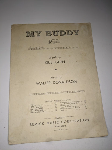 PARTITURA MUSICAL DE colección de My Buddy de Gus Kahn música de Walter ...