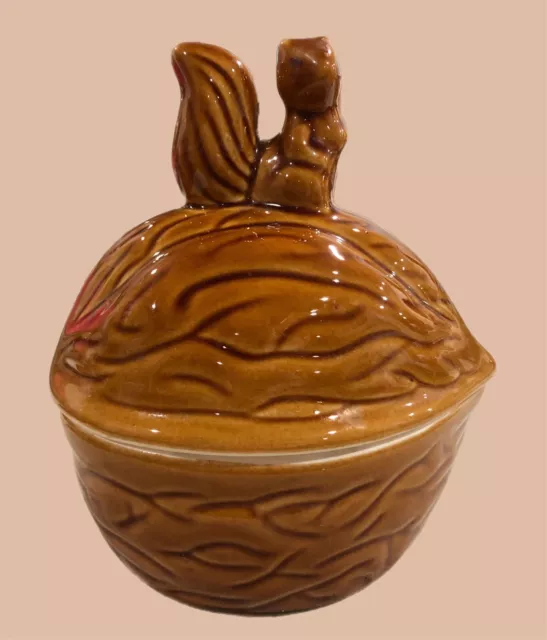 Vintage Ceramic Squirrel on Walnut Lidded Covered Dish Bowl Candy Nuts