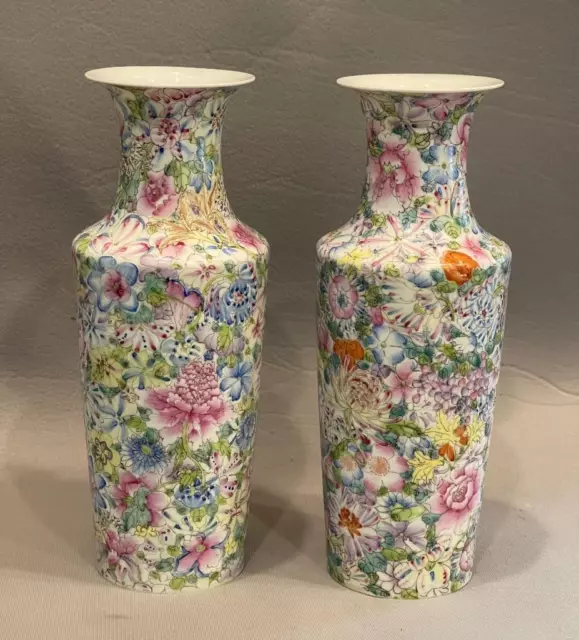 Fine Pair Old Chinese Famille Rose Porcelain “Thousand Flowers” Vase Nr