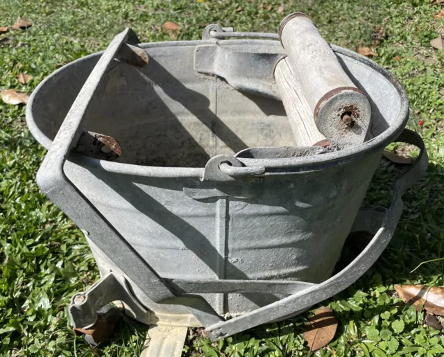 Vintage Deluxe Galvanized Metal 6 Gal. Oval Mop Bucket W/ Wringer As-Is