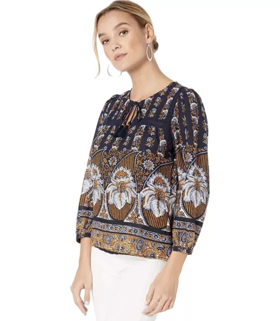 NWT Lucky Brand Women's Printed Laura Lace Peasant Top Navy in Large size