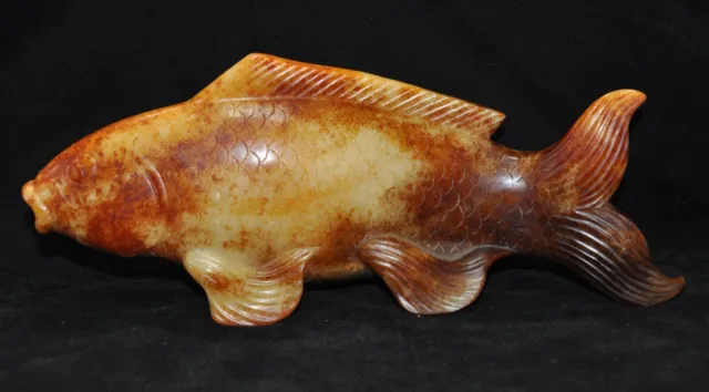 9" old China dynasty hetian jade Carved fengshui wealth fish ornaments statue