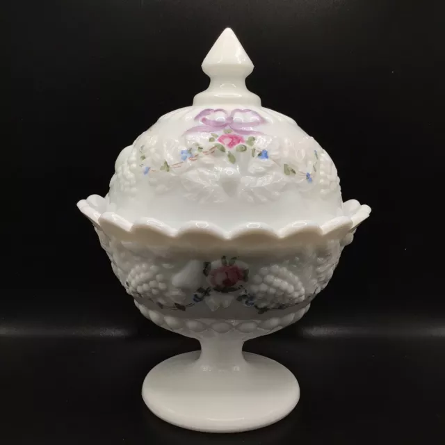 Vintage Westmoreland Hand Painted Milk Glass "Roses & Bows" Lidded Candy Dish