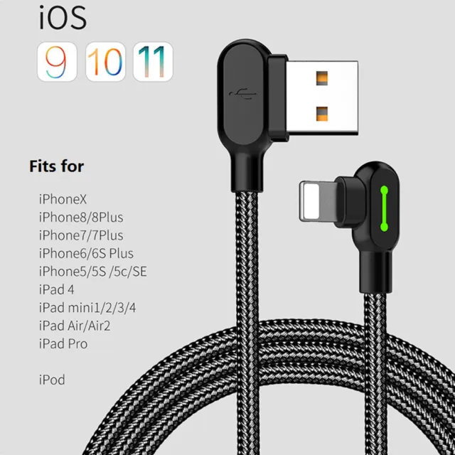 1m 2m 3m 90 ELBOW Fast Charging USB Charger Cable Data Sync Lead for iPhone iPad