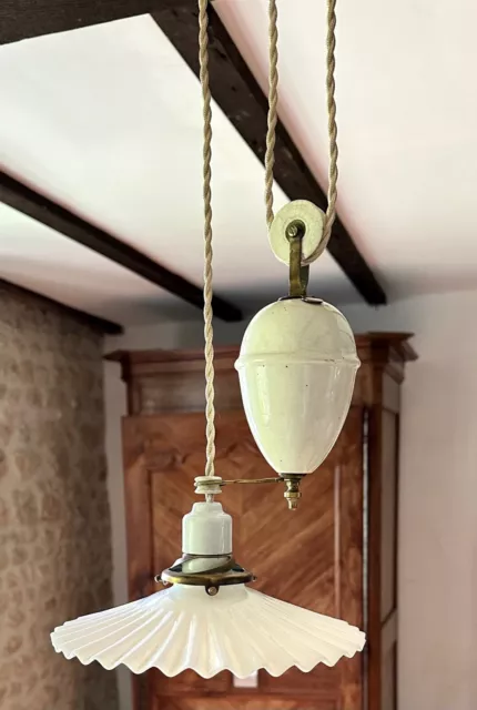 VINTAGE FRENCH RISE fall ceiling light pleated opaline coolie