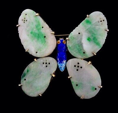 Chinese Export Silver Enamel & Pierced Floral Carved JADE BUTTERFLY Pin Brooch