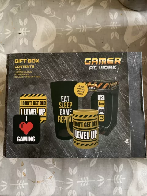 GB Eye Gaming Drinkware Gift Box - Gamer At Work Glass Mug. One Coaster Missing