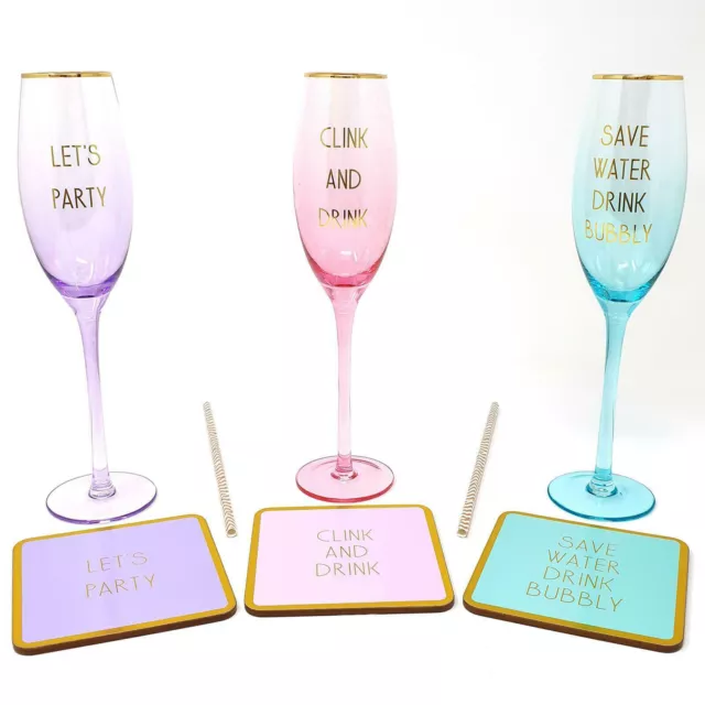 Stemmed Champagne Glass Flute Novelty Prosecco Glass Coaster & Straw Gift Set NW