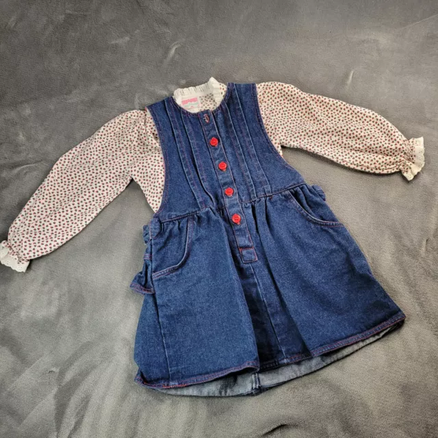 Vtg 80 90s Girls Size 4T Denim Dress Heart All Over Print Shirt USA Two Hearts