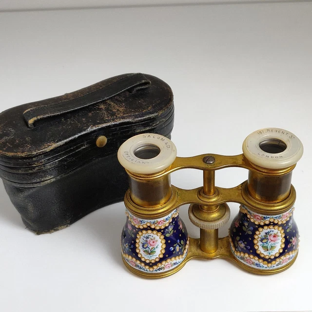 Vintage Enameled Opera Glasses Salom & Co. London Cobalt Blue Florals + Case