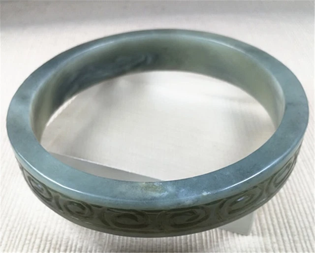90MM Chinese Old HETIANYU Green Jade Jadeite Hand-carved Ancient Jade Bracelet