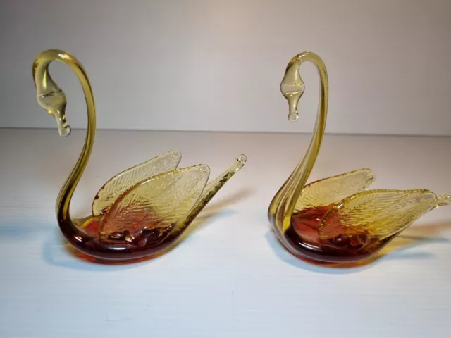 Amber Glass Swans X2 - Made In New Zealand - 11cm Tall