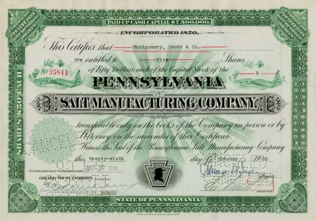 1938 Pennsylvania Salt Manufacturing Green Certificate 5 Shares Capital Stock