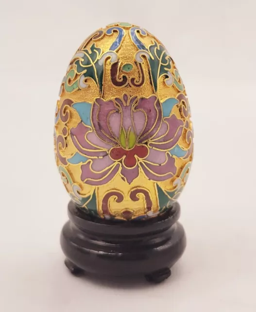 Vintage Cloisonne Decorative Egg Enamel With Wood Stand 3.25"