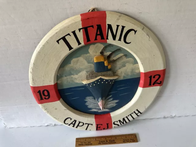 Vintage 3D Folk Art Wall Plaque Titanic 1912 Captain E J Smith Hand Painted Wood