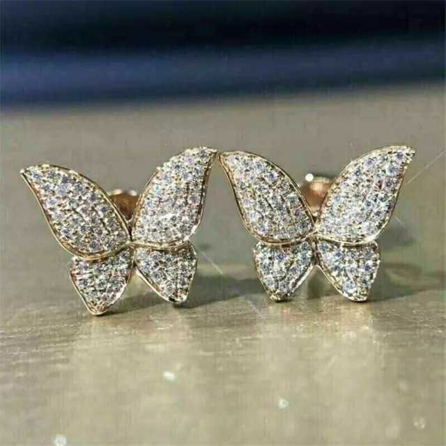 1.40Ct Round Cut Real Moissanite Butterfly Stud Earrings 14K Yellow Gold Plated