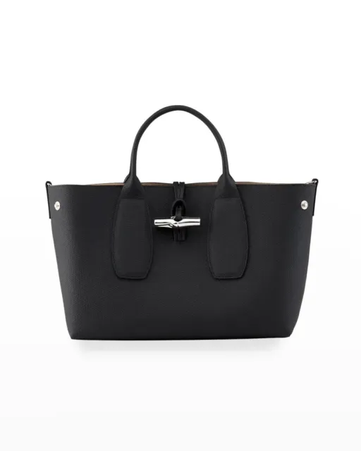 Longchamp Roseau Medium Leather Top-Handle Tote Bag with Shoulder Strap Black