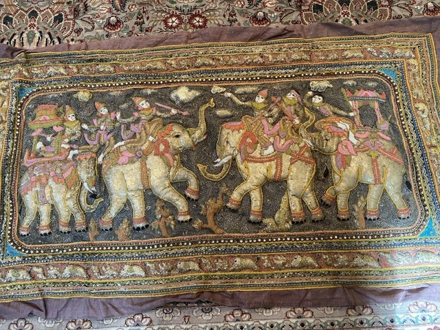 Fine Thai Burmese KALAGA Figurative TAPESTRY Hand Embroidered Jeweled Wall Art