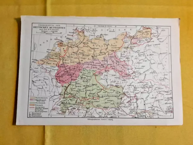 1924 GERMAN DIALECTS Rare Vintage MAP Linguistics ORIGINAL C10-1