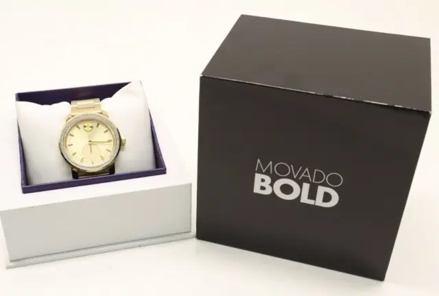 Movado Bold SWISS Crystal Gold Dial Stainless Steel Ladies Watch 3600619