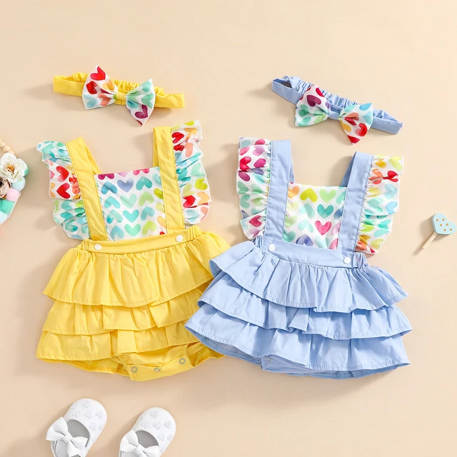 Abito con pagliaccio per bambine stampa amore arricciacapelli abito a più livelli + fascia nodo fiocco