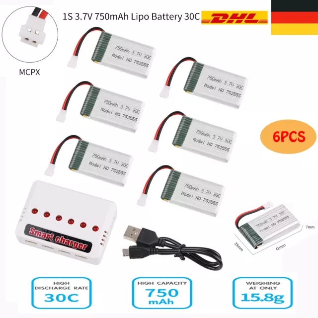 6 Stücke 3,7V 750mAh 1S Lipo Akku mit USB Ladegerät Fr Syma X5 X5C RC Drohne